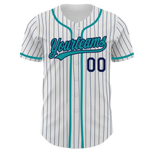 Laden Sie das Bild in den Galerie-Viewer, Custom White Navy Pinstripe Teal Authentic Baseball Jersey
