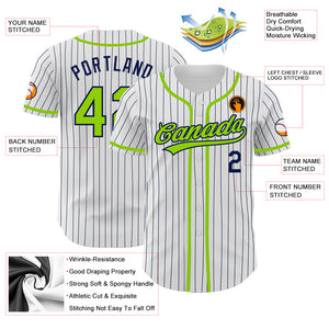 Custom White Navy Pinstripe Neon Green Authentic Baseball Jersey