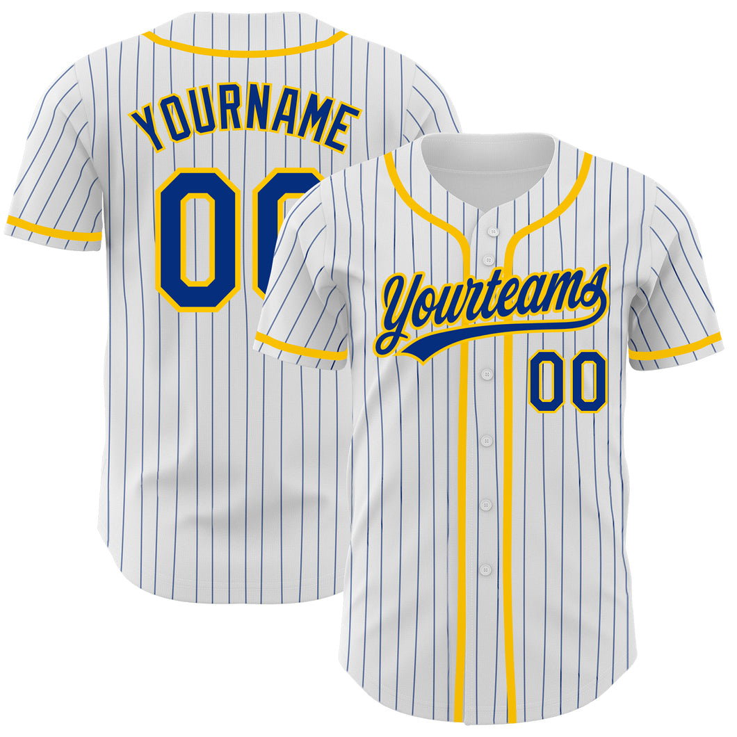 Custom White Royal Pinstripe Royal-Yellow Authentic Baseball Jersey