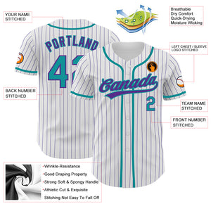 Custom White Purple Pinstripe Teal Authentic Baseball Jersey