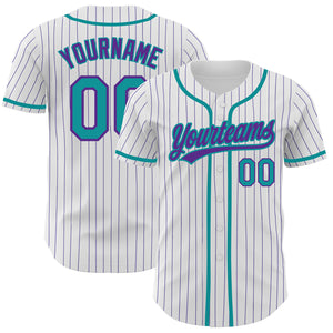 Custom White Purple Pinstripe Teal Authentic Baseball Jersey