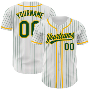 Custom White Green Pinstripe Green-Gold Authentic Baseball Jersey