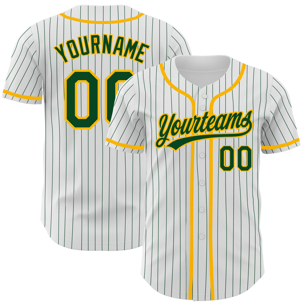 Custom White Green Pinstripe Green-Gold Authentic Baseball Jersey