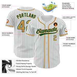 Custom White Green Pinstripe Old Gold Authentic Baseball Jersey