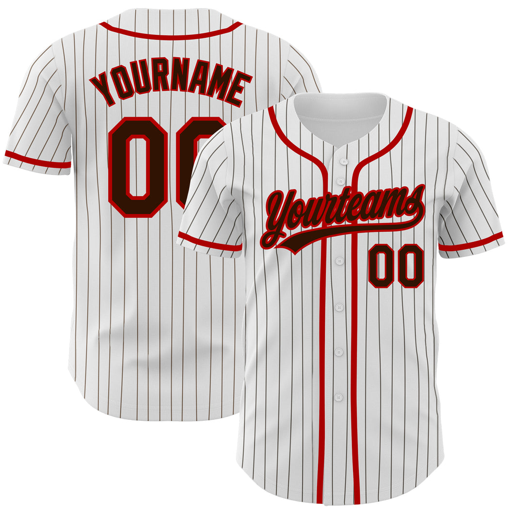 Custom White Brown Pinstripe Brown-Red Authentic Baseball Jersey