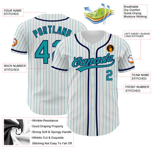 Custom White Teal Pinstripe Teal-Navy Authentic Baseball Jersey