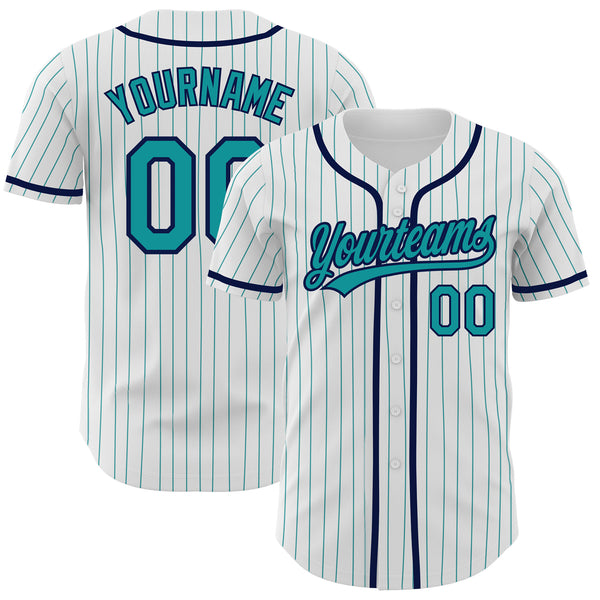 Custom Teal Black Pinstripe Black-White Authentic Baseball Jersey