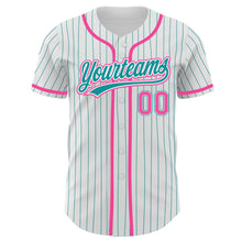 Laden Sie das Bild in den Galerie-Viewer, Custom White Teal Pinstripe Pink Authentic Baseball Jersey
