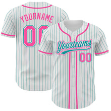 Laden Sie das Bild in den Galerie-Viewer, Custom White Teal Pinstripe Pink Authentic Baseball Jersey
