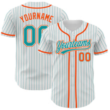 Laden Sie das Bild in den Galerie-Viewer, Custom White Teal Pinstripe Teal-Orange Authentic Baseball Jersey
