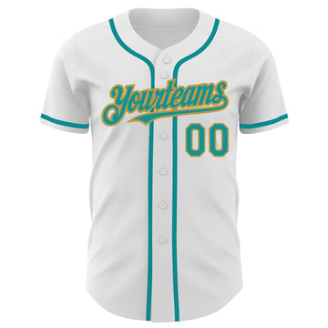 Custom White Teal-Old Gold Authentic Baseball Jersey