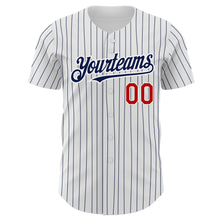 Laden Sie das Bild in den Galerie-Viewer, Custom White Navy Pinstripe Red Authentic Baseball Jersey
