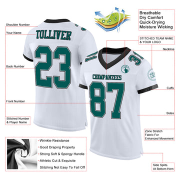 Custom White Midnight Green-Black Mesh Authentic Football Jersey