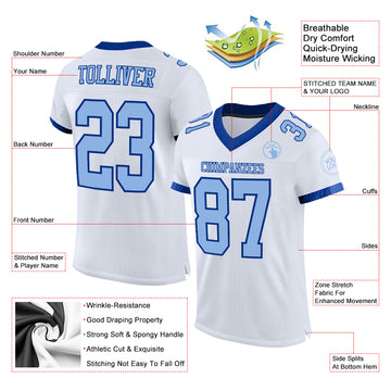 Custom White Light Blue-Royal Mesh Authentic Football Jersey