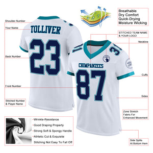 Custom White Navy Gray-Teal Mesh Authentic Football Jersey