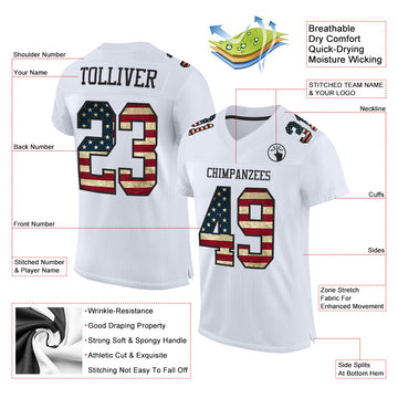 Custom White Football Jerseys Women's Men's Youth – Tagged Font-Vintage  USA Flag– CustomJerseysPro