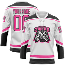 Загрузить изображение в средство просмотра галереи, Custom White Pink-Black Hockey Lace Neck Jersey
