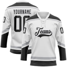 Загрузить изображение в средство просмотра галереи, Custom White Black-Gray Hockey Lace Neck Jersey
