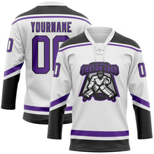 Загрузить изображение в средство просмотра галереи, Custom White Purple-Black Hockey Lace Neck Jersey
