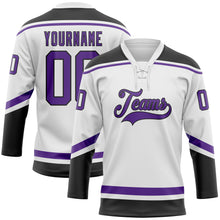 Загрузить изображение в средство просмотра галереи, Custom White Purple-Black Hockey Lace Neck Jersey
