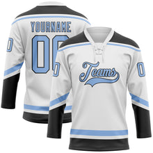 Загрузить изображение в средство просмотра галереи, Custom White Light Blue-Black Hockey Lace Neck Jersey
