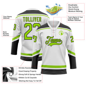 Custom White Neon Green-Black Hockey Lace Neck Jersey