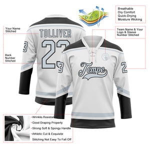 Custom White Silver-Black Hockey Lace Neck Jersey