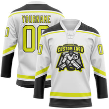 Загрузить изображение в средство просмотра галереи, Custom White Neon Yellow-Black Hockey Lace Neck Jersey
