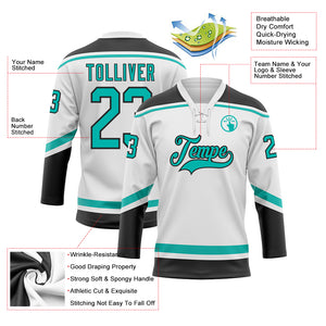 Custom White Aqua-Black Hockey Lace Neck Jersey