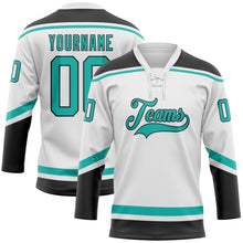 Загрузить изображение в средство просмотра галереи, Custom White Aqua-Black Hockey Lace Neck Jersey
