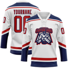 Загрузить изображение в средство просмотра галереи, Custom White Red-Navy Hockey Lace Neck Jersey
