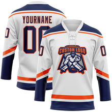 Загрузить изображение в средство просмотра галереи, Custom White Navy-Orange Hockey Lace Neck Jersey
