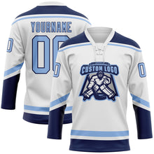 Загрузить изображение в средство просмотра галереи, Custom White Light Blue-Navy Hockey Lace Neck Jersey
