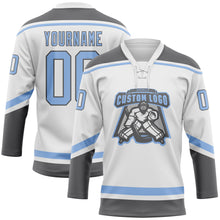 Charger l&#39;image dans la galerie, Custom White Light Blue-Steel Gray Hockey Lace Neck Jersey
