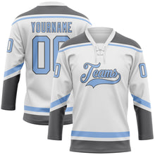 Charger l&#39;image dans la galerie, Custom White Light Blue-Steel Gray Hockey Lace Neck Jersey
