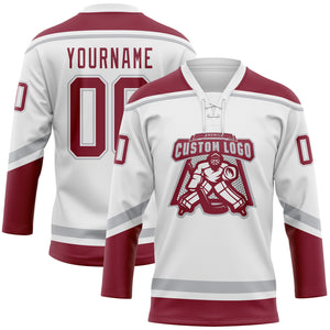 Custom White Crimson-Gray Hockey Lace Neck Jersey