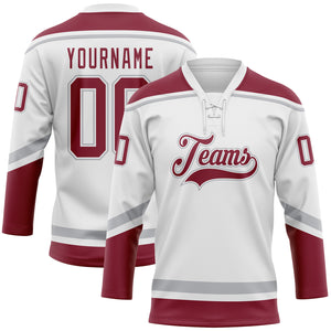 Custom White Crimson-Gray Hockey Lace Neck Jersey