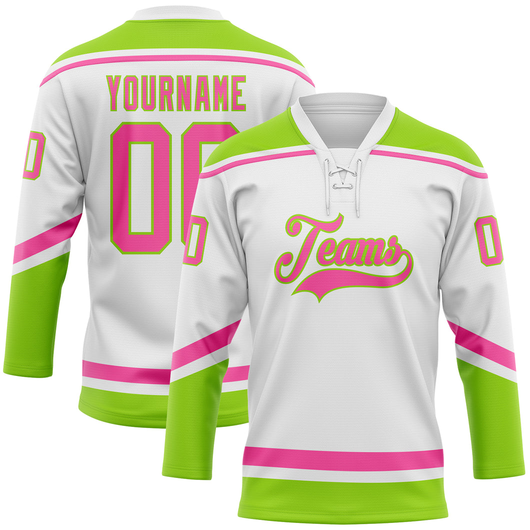 Custom White Pink-Neon Green Hockey Lace Neck Jersey