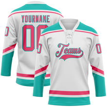 Load image into Gallery viewer, Custom White Neon Pink-Aqua Hockey Lace Neck Jersey
