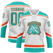 Загрузить изображение в средство просмотра галереи, Custom White Aqua-Orange Hockey Lace Neck Jersey
