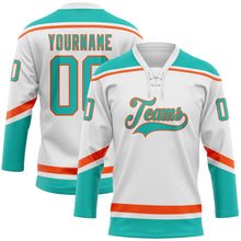 Загрузить изображение в средство просмотра галереи, Custom White Aqua-Orange Hockey Lace Neck Jersey
