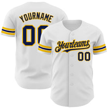 Load image into Gallery viewer, Custom White Navy-Gold Authentic Baseball Jersey
