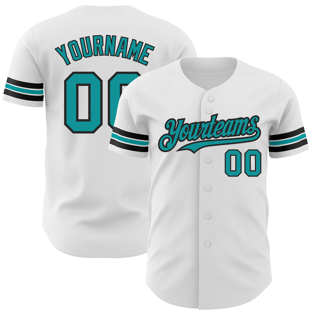 Custom White Teal-Black Authentic Baseball Jersey