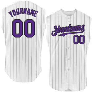 Custom White Black Pinstripe Purple Authentic Sleeveless Baseball Jersey