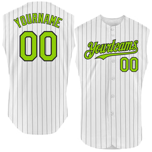 Custom White Black Pinstripe Neon Green Authentic Sleeveless Baseball Jersey