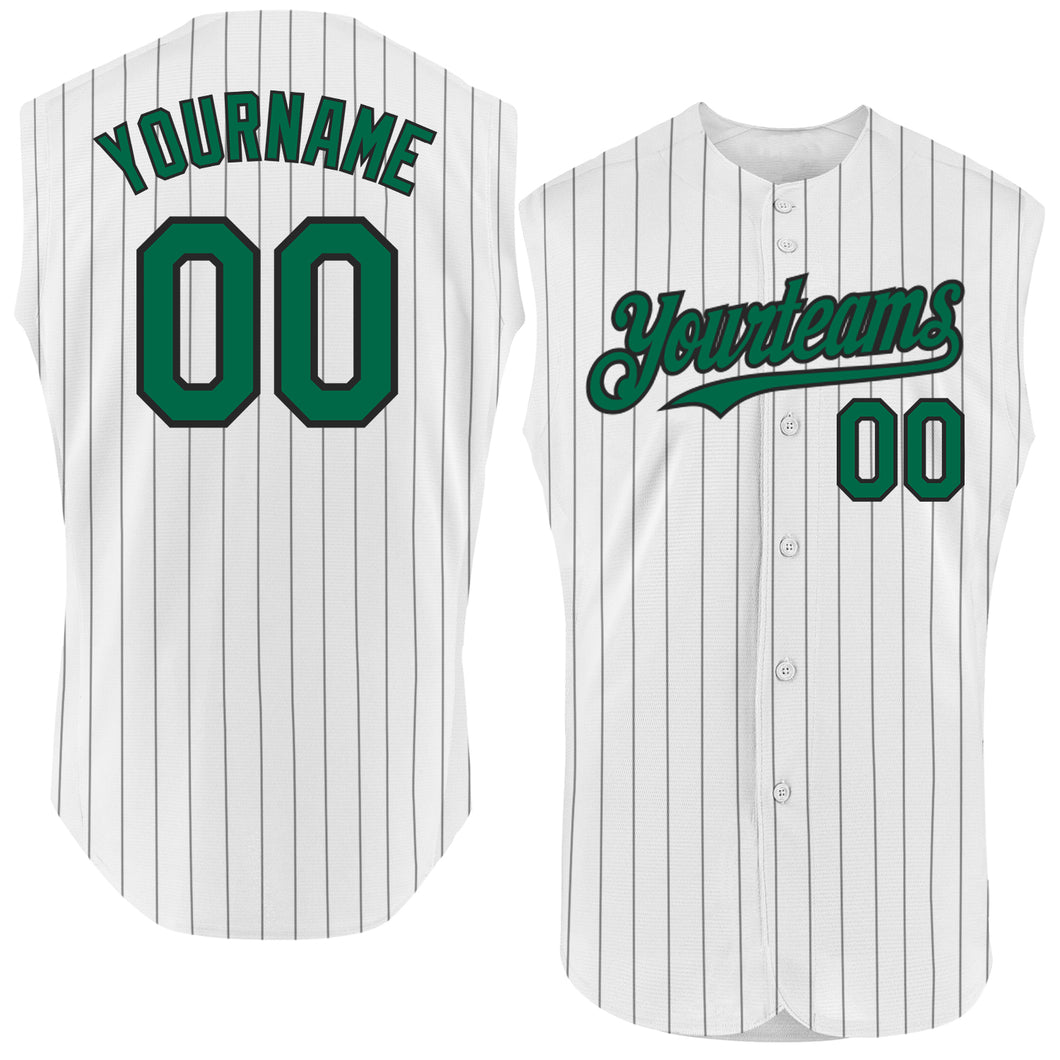 Custom White Black Pinstripe Kelly Green Authentic Sleeveless Baseball Jersey