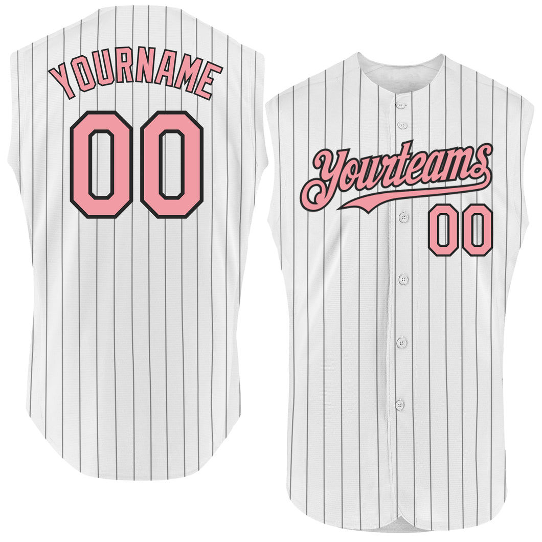 Custom White Black Pinstripe Medium Pink Authentic Sleeveless Baseball Jersey