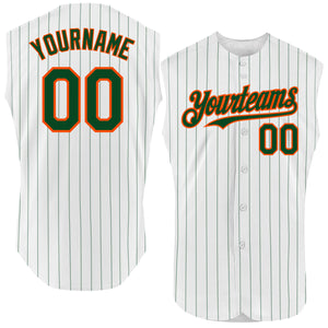 Custom White Green Pinstripe Gold Authentic Sleeveless Baseball Jersey