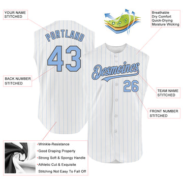 Custom White Light Blue Pinstripe Gray Authentic Sleeveless Baseball Jersey