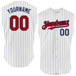 Custom White Navy Pinstripe Gold Authentic Sleeveless Baseball Jersey